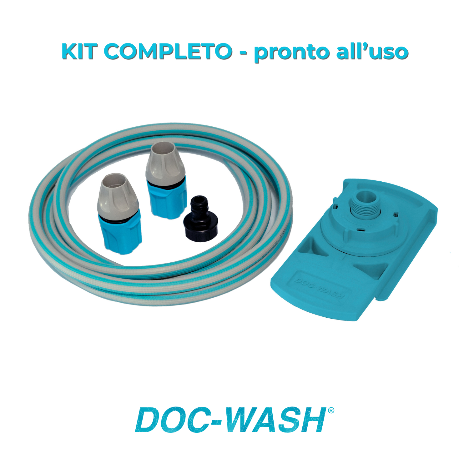 Kit completo pronto all'uso DOC-WASH per il risciacquo della cassetta WC del camper, comprensivo di tubo grigio e azzurro, raccordi rapidi e base azzurra brevettata.